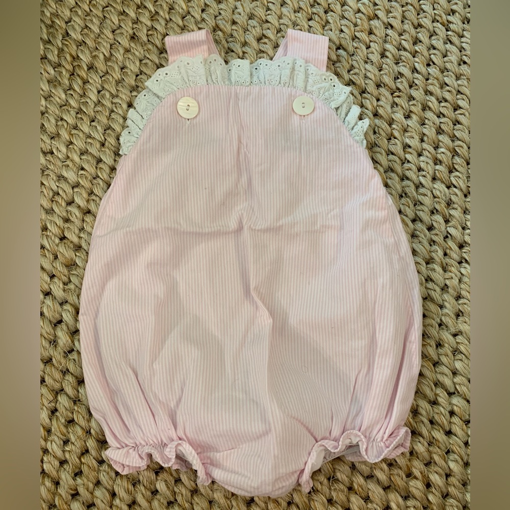Pink Ticking Stripe Bubble with Eyelet Trim